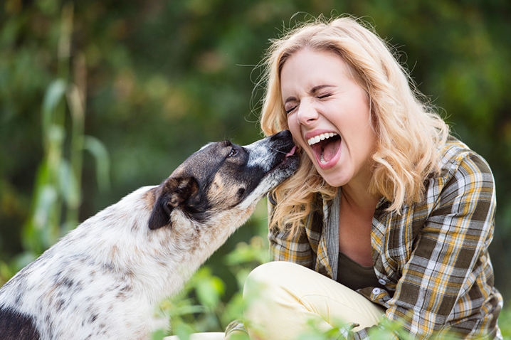 Dog kissing cheek of blonde woman